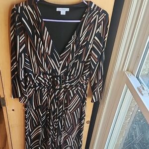 Ann Taylor Geometric Black and Brown Long Sleeve Dress